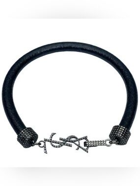 Saint Laurent Opyum Crinkled Black Leather Bracelet wi/Gunmetal YSL Logo-SZ-M